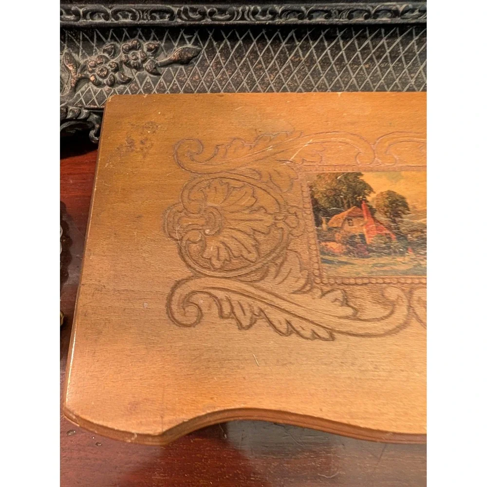 Vintage Wood Jewelry Box Hand Carved Cottage Landscape 11x7x4 AS IS